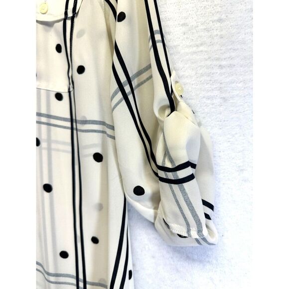 Ann Taylor Loft Sheer Blouse L/S Cream w/ Black Polkadots Medium Petite Career - Picture 5 of 8